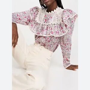 Sabina Musayev Floral Lace Trim avital Blouse - Pink and White